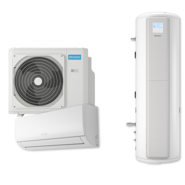 Aparat aer conditionat multisplit cu boiler inclus, Olimpia Nexya All-in-One, 1 x UE 27000 BTU, 1 x UI 18000 BTU, A++/A+, Wi-Fi, inverter, incalzire, racire, dezumidificare, ventilatie, ACM 190L, filtru aer, autocuratare, recuperare de caldura, alb