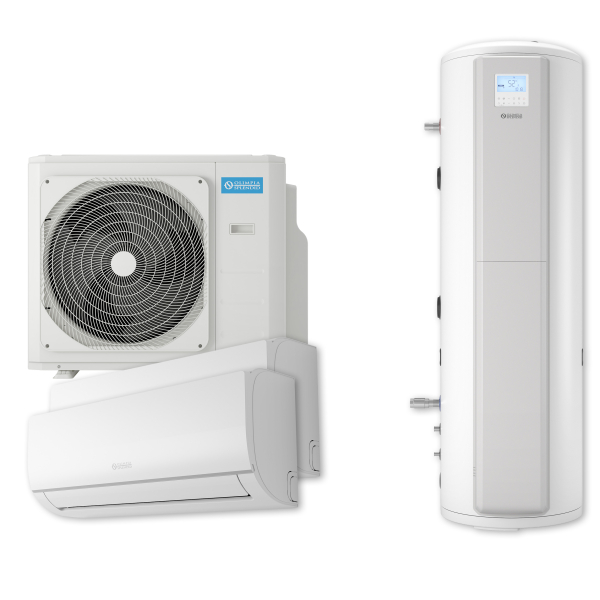 Aparat aer conditionat multisplit cu boiler inclus, Olimpia Nexya All-in-One, 1 x UE 27000 BTU, 2 x UI 9000 BTU, A++/A+, Wi-Fi, inverter, incalzire, racire, dezumidificare, ventilatie, ACM 190L, filtru aer, autocuratare, recuperare de caldura, alb
