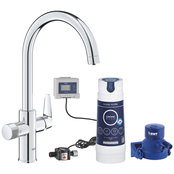 Baterie bucatarie cu filtru, Grohe Blue Pure BauCurve 30581000, dubla comanda, pipa inalta, tip C, filtrare apa, filtru carbon, cartus ceramic, pivotanta, finisaj cromat