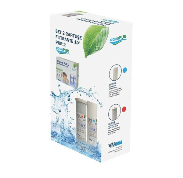 Cartuse filtrare apa Valrom Aquapur, AQUA07000810002, polipropilena, carbune activ bloc, pentru sistem filtrare, reduce concentratia compusilor organici din apa, imbunatateste gustul si mirosul, 8 l/min, 1 micron, 2 buc/pachet