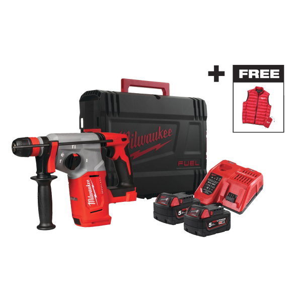 Ciocan rotopercutor Milwaukee M18 BLHXMC-502X 4933499459, motor fara perii, cu 2 acumulatori, 18 V, 5 Ah, 1400 rpm, SDS-plus, cu valiza si vesta