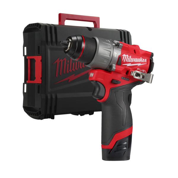 Masina de gaurit cu percutie, cu 1 acumulator, 12 V, 2 Ah, Milwaukee M12, 1550 rpm, mandrina rapida, motor fara perii, cu geanta