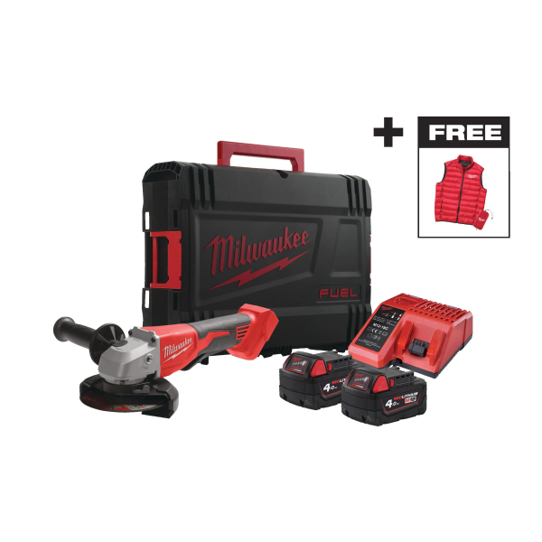 Polizor unghiular, Milwaukee M18 BLSAG125XPDMC-402X 4933499460, motor fara perii, 11000 rpm, 125 mm, cu 2 acumulatori, 18 V, 4 Ah, cu valiza si vesta