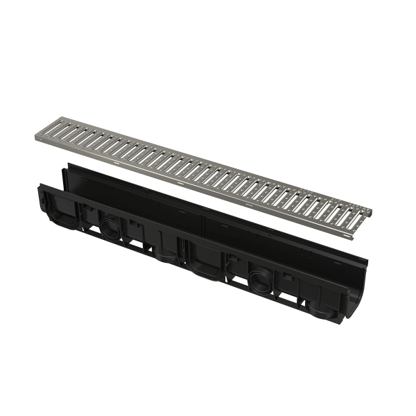 Rigola plastic Alca AVZ102-R102, exterioara, pentru scurgere apa pluviala, cu gratar otel zincat si barete, A15, 1000 x 139 x 145 mm