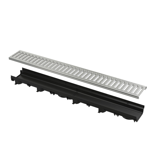 Rigola plastic Alca AVZ112-R102, exterioara, pentru scurgere apa pluviala, cu gratar otel zincat si barete, A15, 1000 x 137 x 60 mm