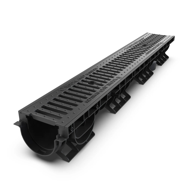 Rigola plastic Vodaland, carosabila, exterioara, pentru scurgere apa pluviala, cu gratar fonta, C250, 1000 x 156 x 120 mm