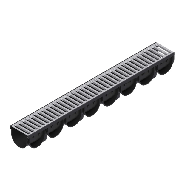 Rigola plastic Vodaland, pietonala, exterioara, pentru scurgere apa pluviala, cu gratar otel zincat, A15, 1000 x 125 x 100 mm