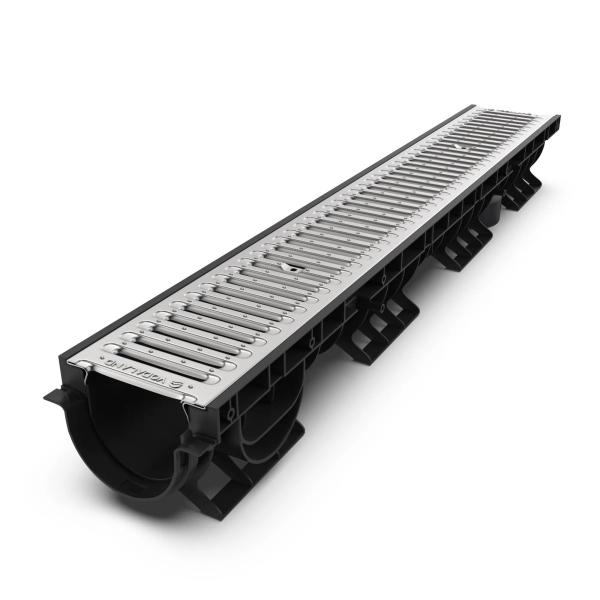 Rigola plastic Vodaland, pietonala, exterioara, pentru scurgere apa pluviala, cu gratar otel zincat, A15, 1000 x 156 x 120 mm