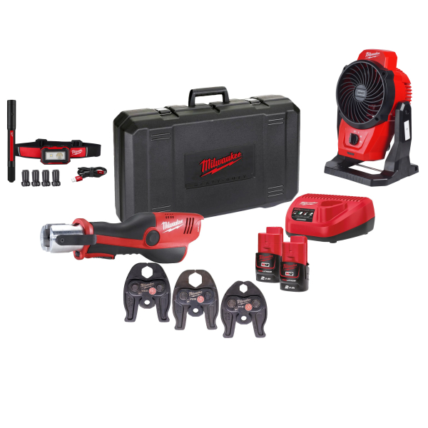 Set scule cu acumulator, Milwaukee M12, presa sertizare hidraulica Milwaukee Force Logic M12 HPT-202C V-SET, cu 2 acumulatori, 12 V, 2 Ah, 1 geanta + ventilator cu suport M12 AF-0 + lanterna frontala IR HL450 + lanterna IR PL250