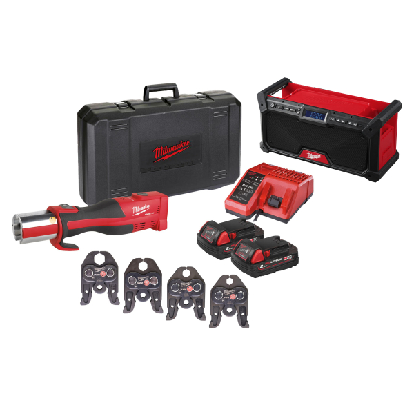 Set scule cu acumulator, Milwaukee M18, presa sertizare hidraulica Milwaukee Force Logic M18 BLHPT-202C V-SET, cu 2 acumulatori, 18 V, 2 Ah, 1 geanta + radio de santier M18 RADDAB+G2-0 4933492344