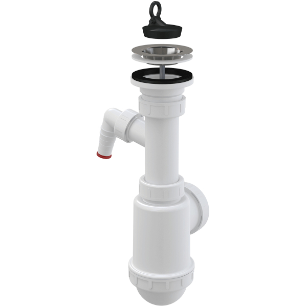 Sifon chiuveta bucatarie, Alca A441P-DN50/40, pentru chiuveta cu 1 cuva, cu ventil, racord masina de spalat, plastic, alb