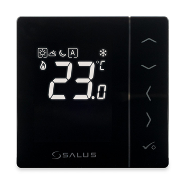 Termostat pentru incalzire in pardoseala, cu fir, Salus VS35B, neprogramabil, protectie la inghet, afisaj digital, IP30, negru