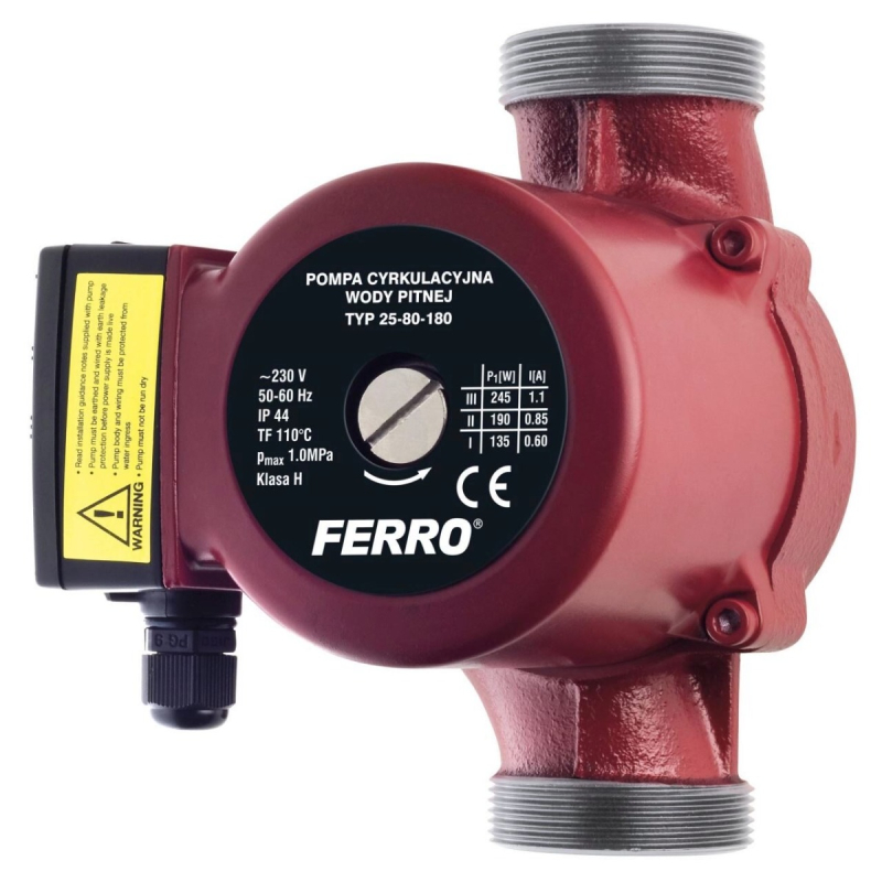 Pompa de circulatie Ferro 25-80/180, 245 W, Q max. 10.5 mc/h, PN 10, 230 V