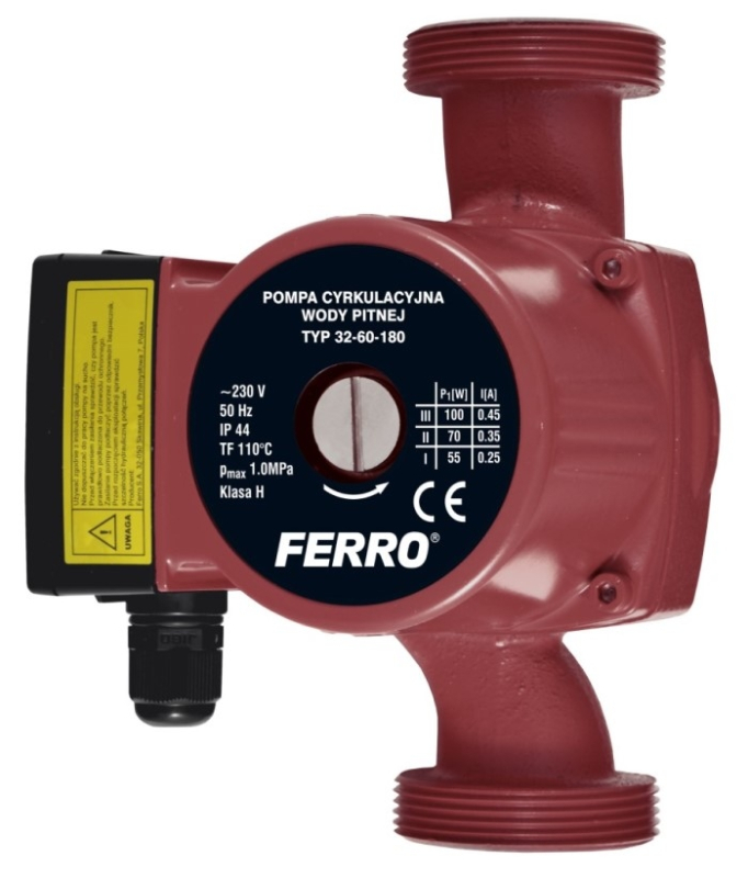 Pompa de circulatie Ferro 32-60/180, 100 W, Q max. 4.5 mc/h, PN 10, 230 V