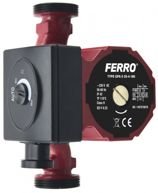 Pompa de circulatie Ferro clasa A GPA II 25-40/180, 22 W, Q max. 2.4 mc/h, PN10, 230V