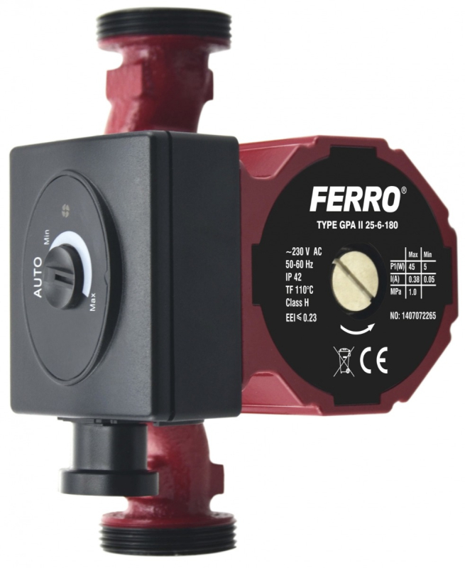 Pompa de circulatie Ferro clasa A GPA II 25-60/180, 45 W, Q max. 3 mc/h, PN10, 230V