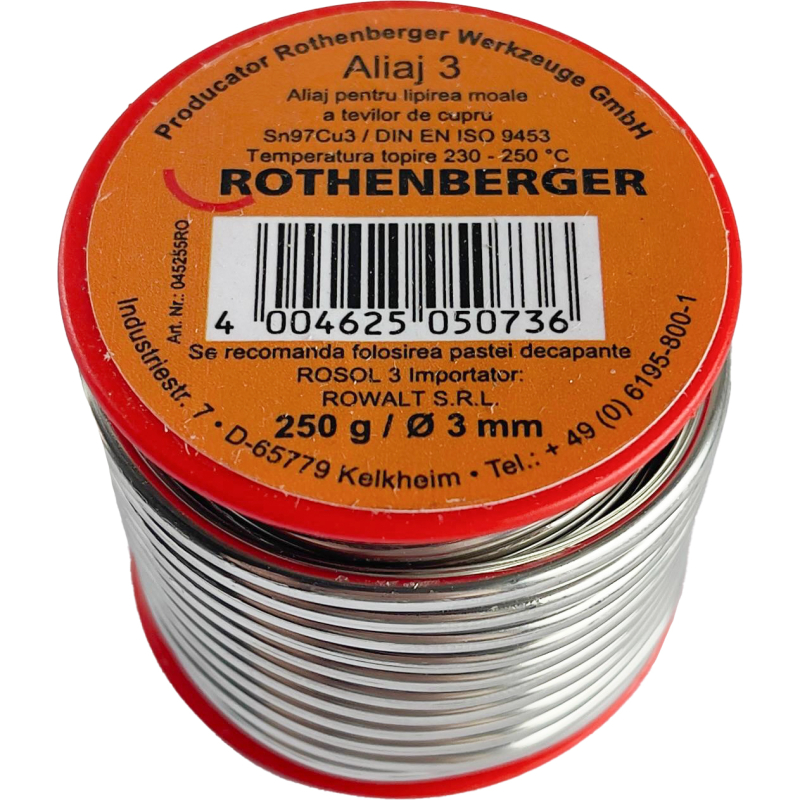 Aliaj pentru lipire cupru, Rothenberger 45255, 3 mm, 250 g