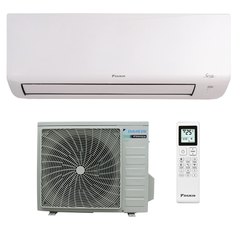 Aparat aer conditionat Daikin Siesta, 12000 BTU, A++/A+, inverter, R32, functie incalzire, filtru aer, dezumidificare, mod Auto, mod Turbo, timer, mod Eco, mod de noapte, auto-curatare, alb