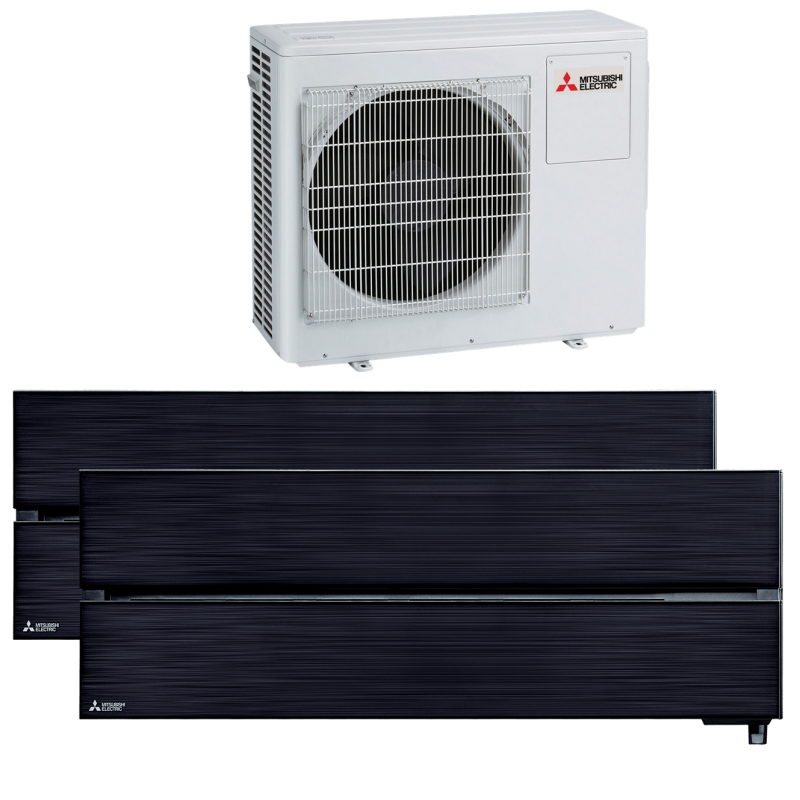 Aparat aer conditionat multisplit, Mitsubishi Electric LN, 1 x UE 23000 BTU, 2 x UI 9000 BTU, A++/A+, inverter, Wi-Fi, senzor de prezenta, filtru aer, functie incalzire, dezumidificare, functie de hiperincalzire, anti-mucegai, mod de noapte, negru