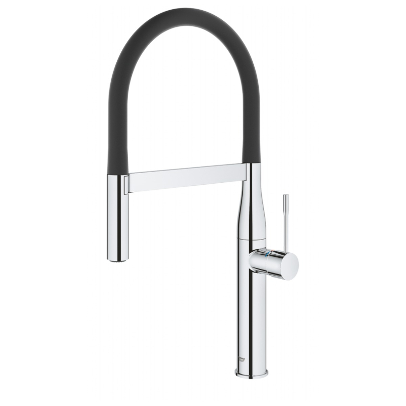 Baterie bucatarie, pipa inalta, flexibila, Grohe Essence 30294000, stativa, monocomanda, finisaj negru/crom