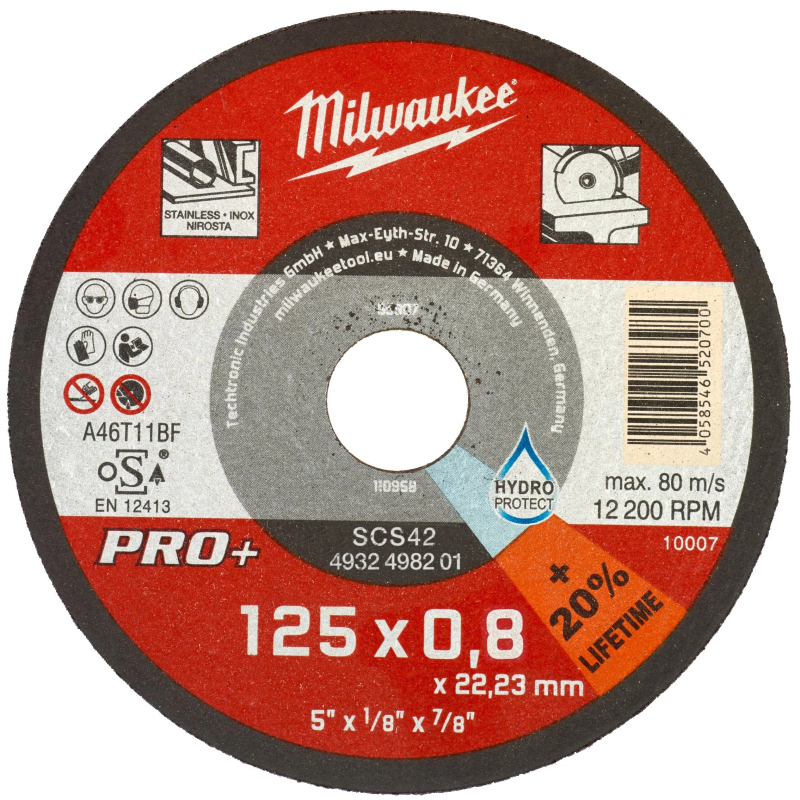 Disc debitare inox, Milwaukee PRO+ SCS 42, 125 x 22.23 x 0.8 mm, 4932498201