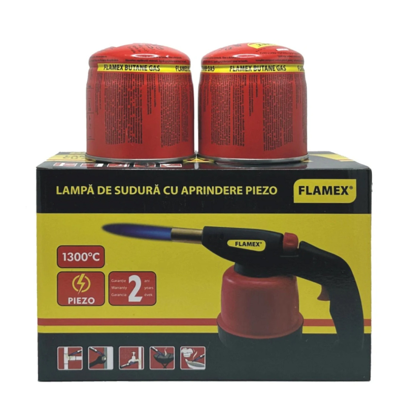 Lampa de gaz, Flamex, cu piezo + 2 butelii 190 gr