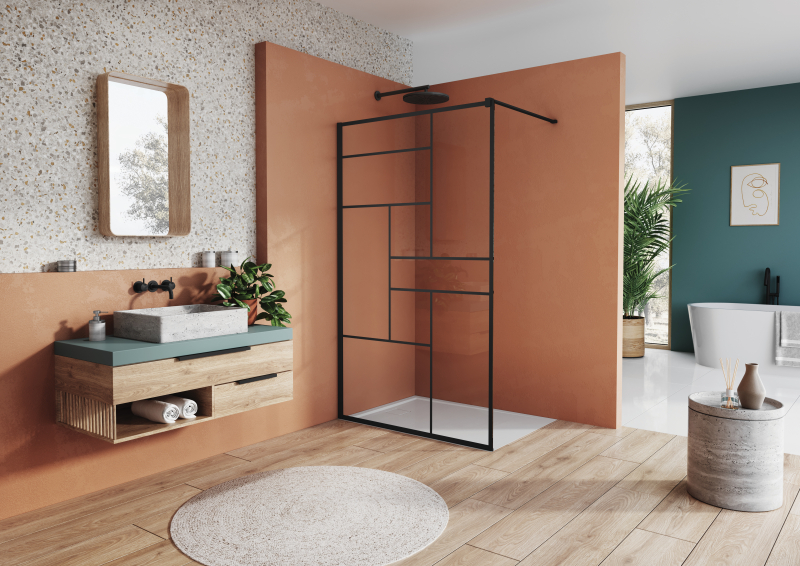 Perete dus tip walk-in, Sanswiss Easy STR4P, sticla cu model geometric, profil negru mat, 80 x 200 cm