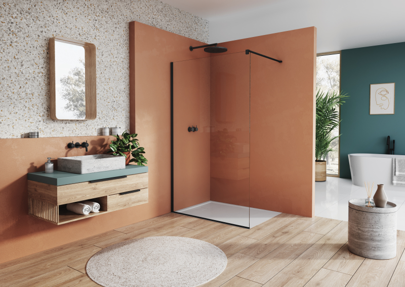 Perete dus tip walk-in, Sanswiss Easy STR4P, sticla transparenta, profil negru, 100 x 200 cm