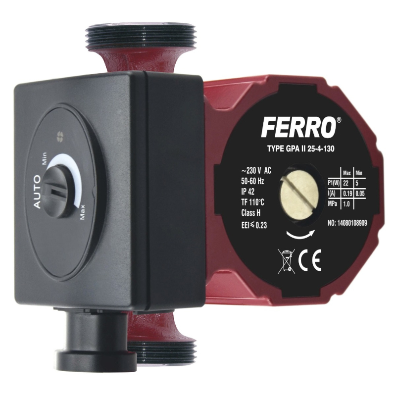 Pompa de circulatie Ferro 25-4/130MM GPA II, H max. 4.1 m, Q max. 2.4 mc/h, 22 W, 230 V