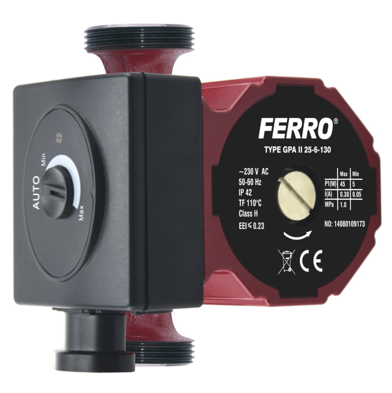 Pompa de circulatie Ferro clasa A GPA II 25-6/130, 45 W, Q max. 3 mc/h, PN10, 230V