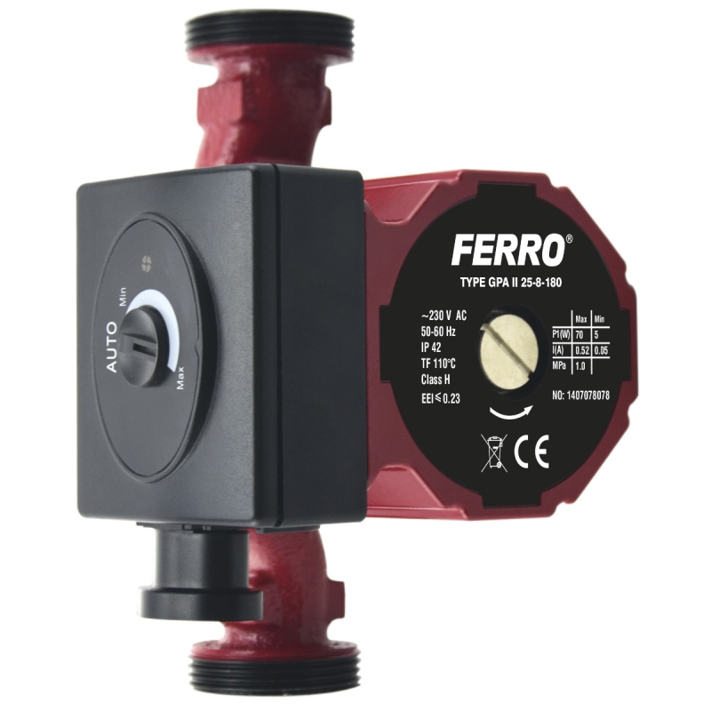 Pompa de circulatie Ferro clasa A GPA II 25-8/180, 22 W, Q max. 4 mc/h, PN10, 230V