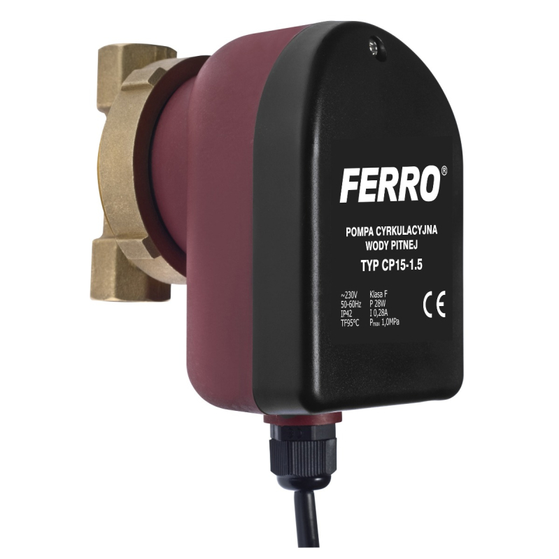 Pompa de circulatie Ferro CP 15-1.5, pentru apa calda menajera, H max. 1.3 m, Q max. 0.7 mc/h, PN 10, 230V