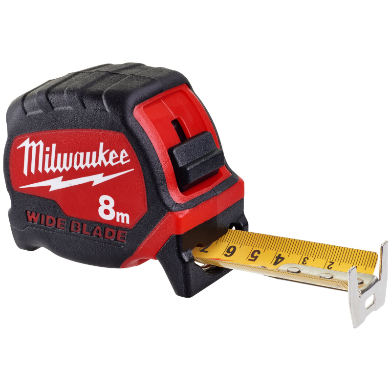 Ruleta cu banda metalica, cu blocare, cu agatatoare, Milwaukee Premium Wide Blade 4932471816, 8 m