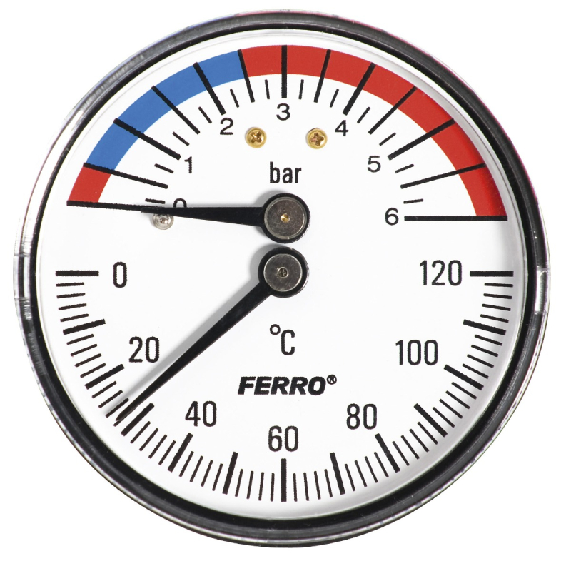 Termomanometru axial Ferro, D 63 mm, 1/2", 0 - 6 bar, 0 - 120 grade C